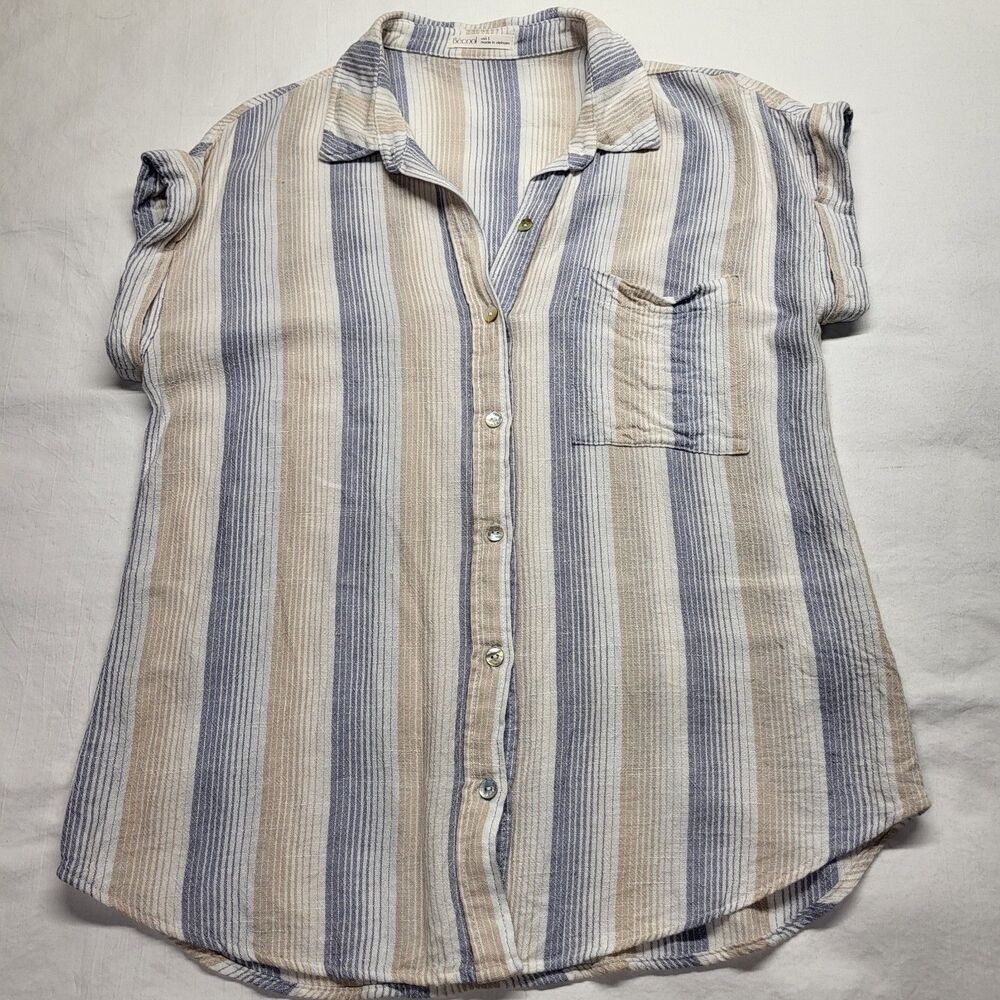 BeCool Womens Small Linen Blend Shirt Button Up Beautiful Stripe Coastal Beachy